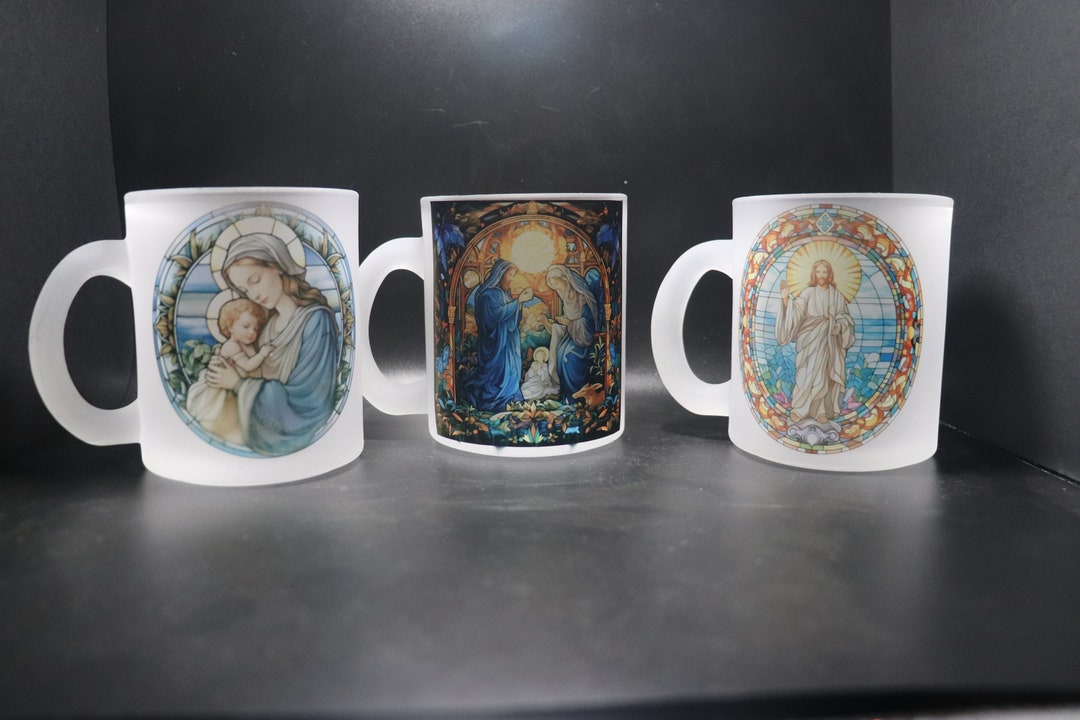 Catholic Tea Set Catholic Religious Frosted Glass Coffee Mug, Nativity, Jesus, Mary ...