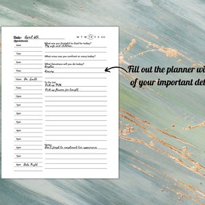 May include: A black and white printable daily planner with a calendar header for April 6th. The planner includes space for appointments, a to-do list, and notes. The text "Fill out the planner with all of your important details." is written in black on a white background.