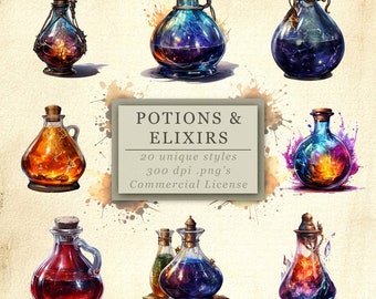 Potions & Elixirs Clip Art Collection for Art and Design, Fantasy Magic Vials, Digital Download