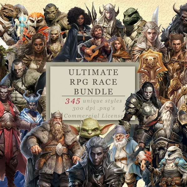 15 pakken! 345 PNG's! Ultieme Fantasy Race Clip Art-bundel voor kunst en design, RPG-graphics, karakterontwerp, spelletjesavond, Game Master SVG's