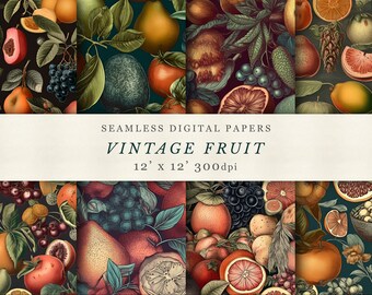 Vintage Fruit Digital Design Papers, Seamless Pattern, Printable Scrapbook, Repeating Pattern, Commercial use, Printable fabric