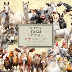 Pacchetto clipart Acquerello fattoria degli animali - 12 confezioni, 240 PNG! Download digitali di alta qualità per arte e design, uso commerciale, 300 DPI
