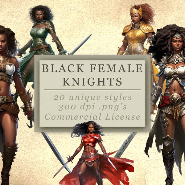 Black Female Knights Clip Art Collection for Art and Design, Fantasy Black Women, Afro Warriors, Digital Download