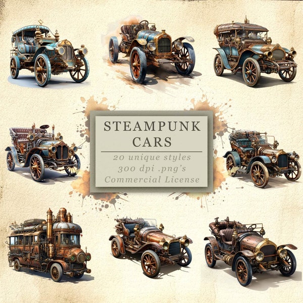 Steampunk Cars Clip Art Collection for Fantasy Art and Design, Scrapbooking Journalling, Digital Download