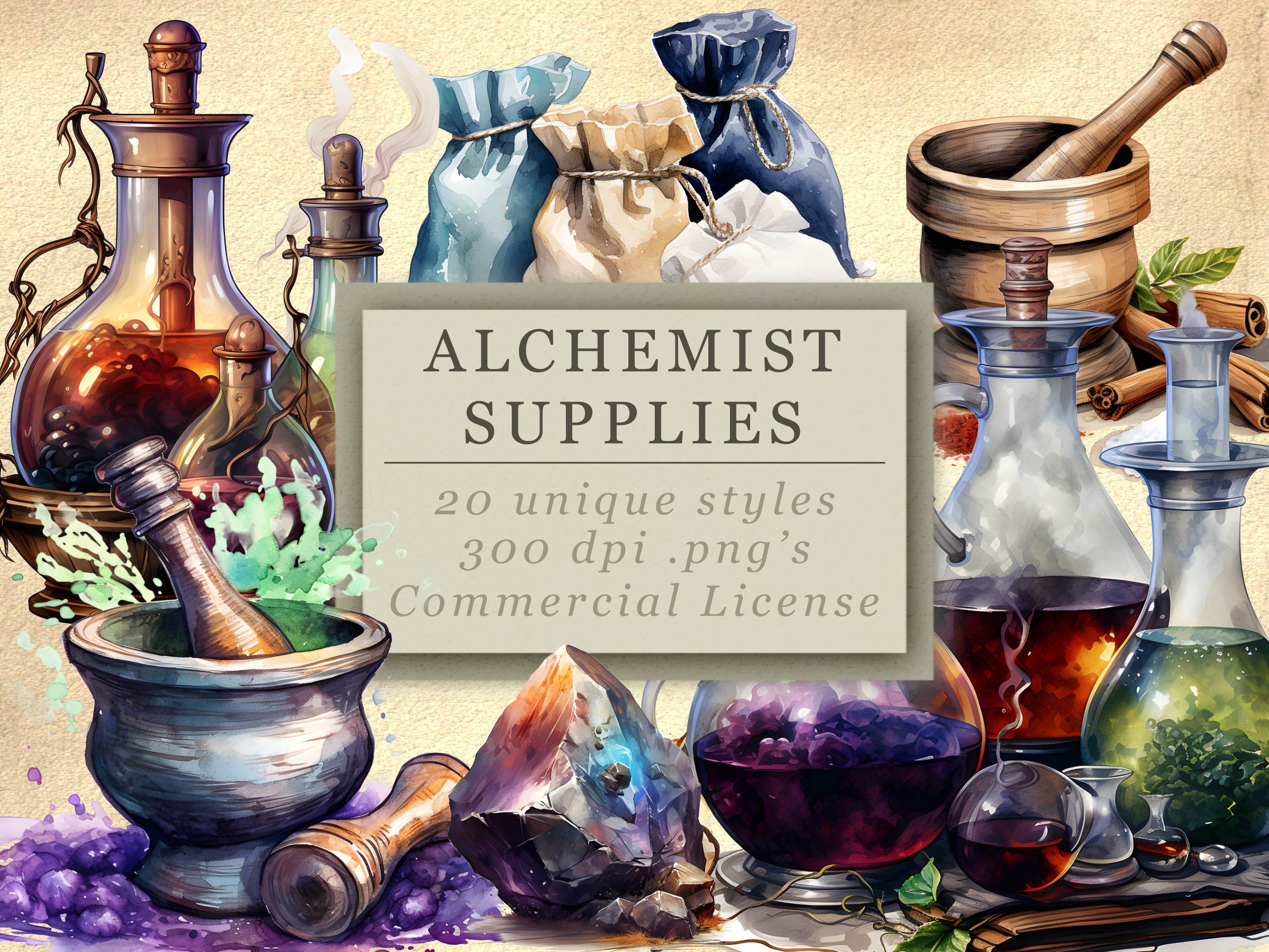 Alchemist Supplies Clip Art Collection for Art and Design, Fantasy Magic Vials and Kit, Digital Download