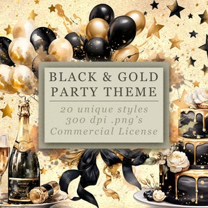Elegante Schwarz und Gold Feier Clip Art Sammlung für Kunst und Design, Champagner Party PNG's für Party und Geburtstagseinladungen