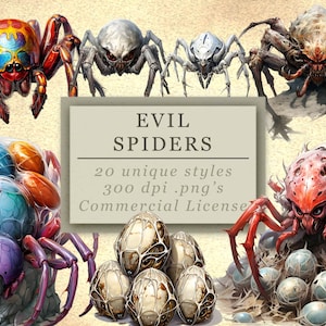 Evil Spiders Clip Art Collection for Art and Design, Fantasy Arachnids, Digital Download, Spooky Season PNG's