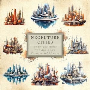 Neofuture Cities Clip Art Collection for Fantasy Art and Design, Futuristic Architecture, Digital Download