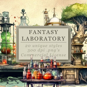 Colección de imágenes prediseñadas de Laboratorio de Fantasía de Acuarela - Gráficos de habitaciones y muebles de fantasía - Descarga digital