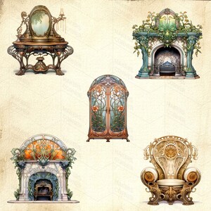 Art Nouveau Furniture Clip Art Collection Fantasy Rooms and Furniture Graphics Digital Download image 5