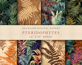 Pteridophytes Digital Design Papers, Seamless Pattern, Leaf Art, Fern Pattern, Printable Scrapbook, Repeating Pattern, Commercial use