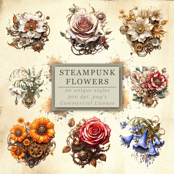 Steampunk Flowers Clip Art Collection for Art and Design, Scrapbooking Journalling, Digital Download, Clockwork Florals