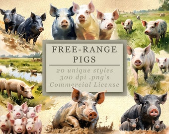 Free-Range Pigs Clip Art Collection - High-Quality Digital Downloads for Art and Design, Commercial Use, 300 DPI