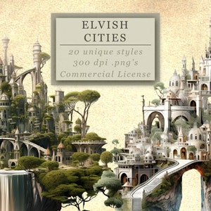 Elbische Städte Clip Art Sammlung für Fantasy Kunst und Design, verzauberte Architektur, digitaler Download