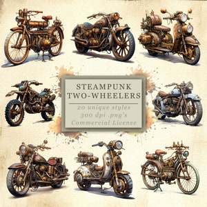 Collezione di clip art Steampunk a due ruote per arte e design fantasy, diario di scrapbooking, download digitale