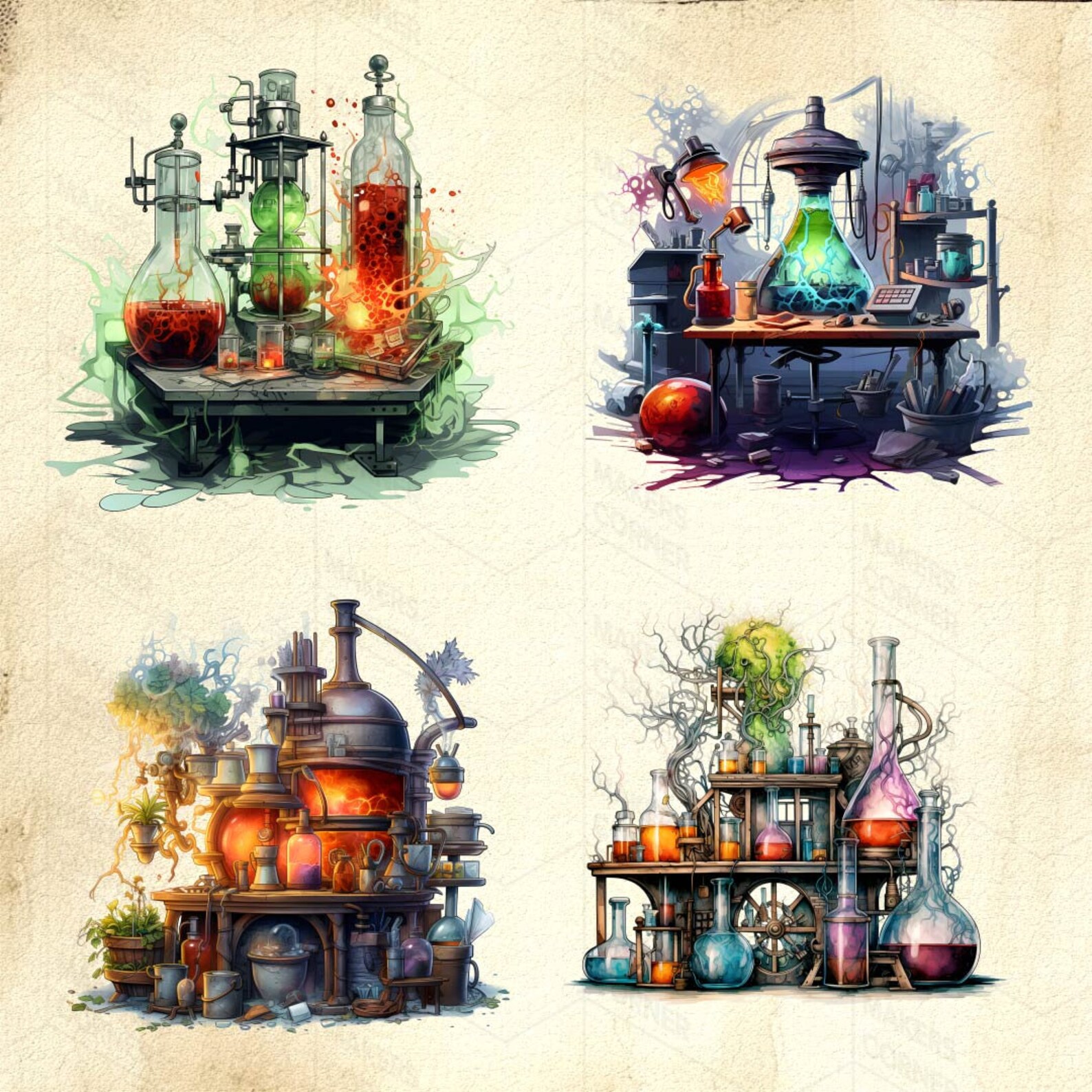 Aquarell Fantasy Labor Clip Art Sammlung - Fantasie Räume und Möbel ...