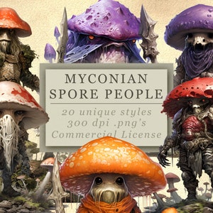 Coleção de clipart de pessoas Myconian Spore para arte e design, guerreiros fúngicos, soldados de fantasia mágica, cavaleiros de cogumelos, download digital