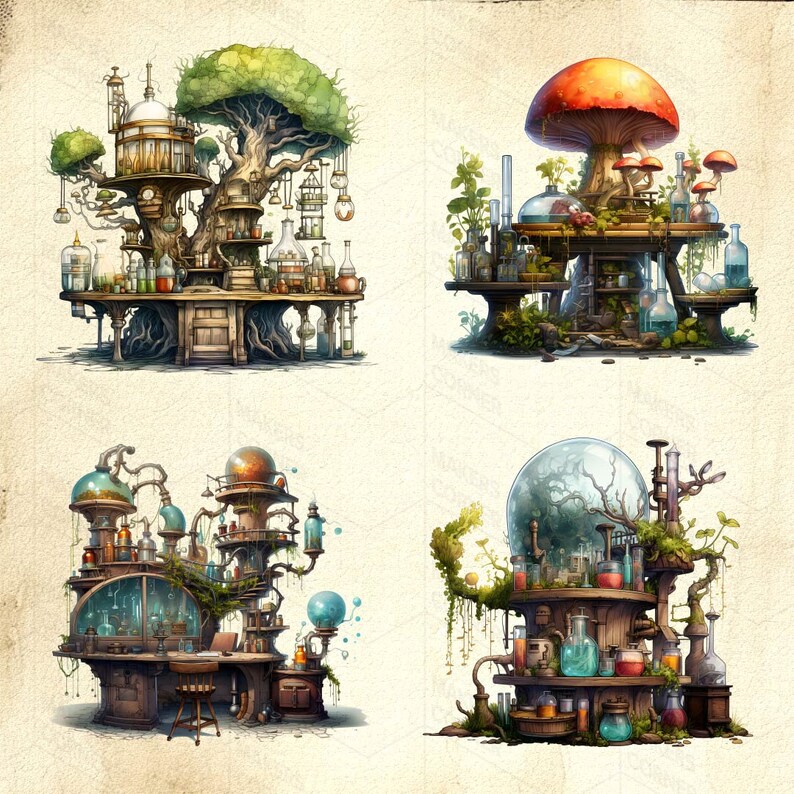 Aquarell Fantasy Labor Clip Art Sammlung Fantasie Räume und Möbel ...
