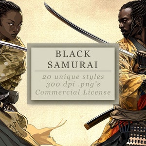 Black Samurai Clip Art-collectie voor kunst en design, Fantasy Black Men & Women, Afro Warriors, digitale download