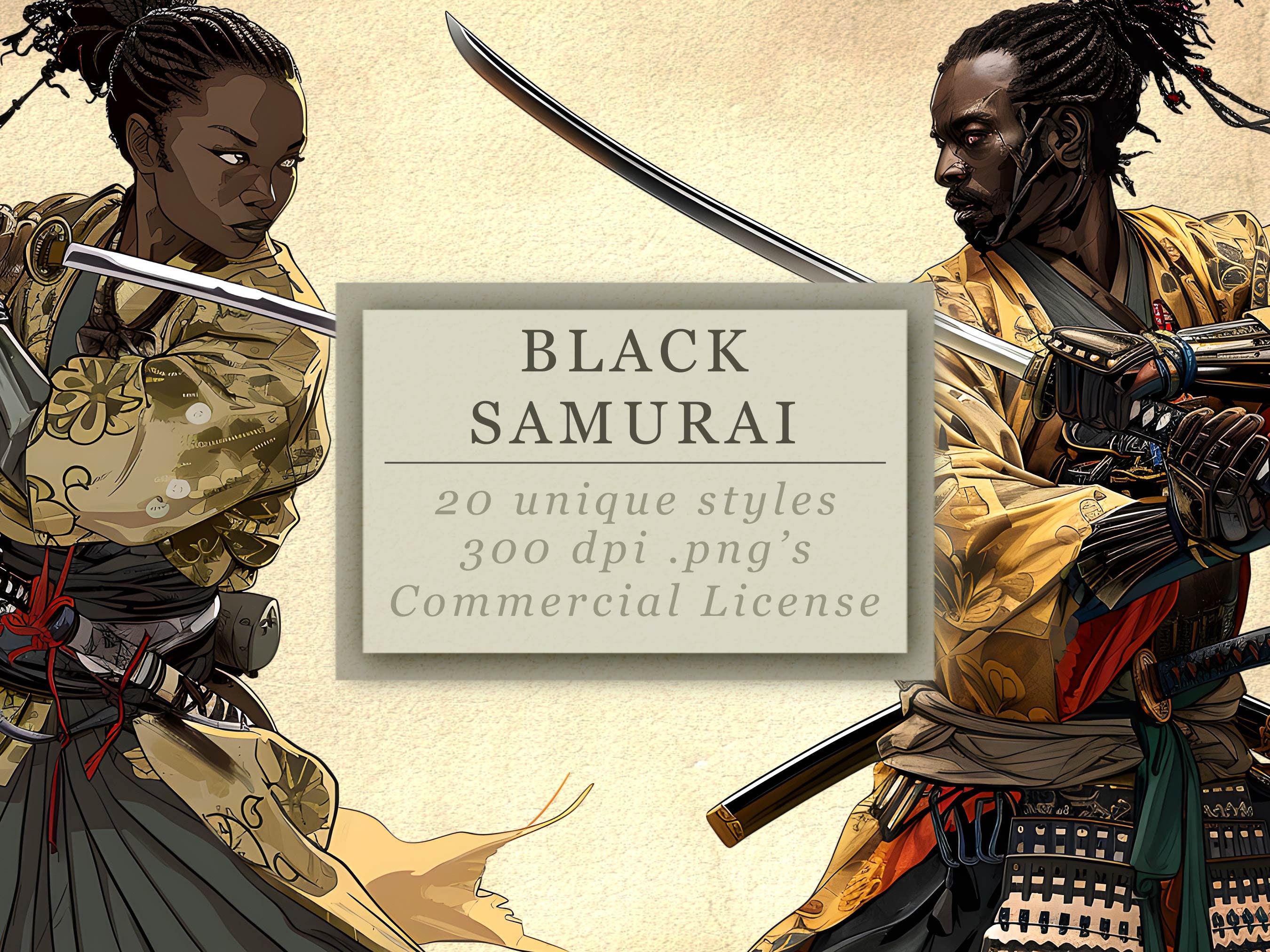 Black Samurai Clip Art Collection for Art and Design, Fantasy Black Men & Women, Afro Warriors, Digital Download
