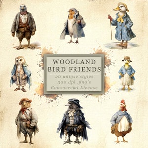 Woodland Bird Friends Clip Art-collectie voor kunst en design - Fantasydieren gekleed in kleding - Enchanted Woodland Critters