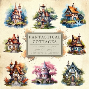 Fantastical Cottages Clip Art Collection for Fantasy Art and Design, Whimsical Enchanted Architecture, Digital Download