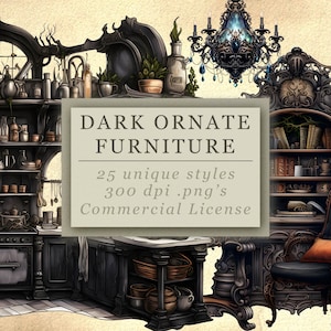 Dark Ornate Furniture Clip Art Collection for Fantasy Art and Design, Whimsical Enchanted Architecture, Digital Download