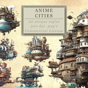 Anime Cities Clip Art Collection for Fantasy Art and Design, Whimsical Enchanted Architecture, Digital Download