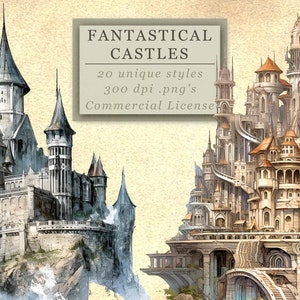 Watercolor Fantastical Castles Clip Art Collection for Fantasy Art and Design, Whimsical Enchanted Architecture, Digital Download