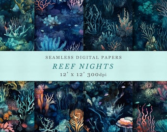 Reef Nights Digital Design Papers, Seamless Pattern, Blue Ocean, Printable Scrapbook, Repeating Pattern, Commercial use, Printable fabric