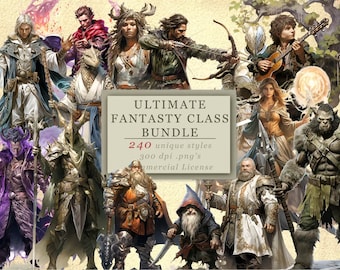 12 Packs! 240 PNGs! Ultimate Fantasy Class Clip Art Bundle for Art and Design, RPG Graphics, Character Design, Games Night, Game Master SVGs