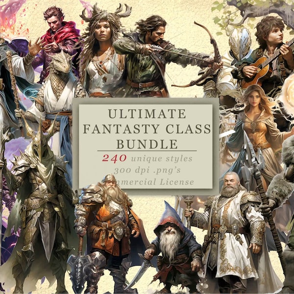 ¡12 paquetes! ¡240 PNG! Paquete de imágenes prediseñadas Ultimate Fantasy Class para arte y diseño, gráficos RPG, diseño de personajes, noche de juegos, Game Master SVGs