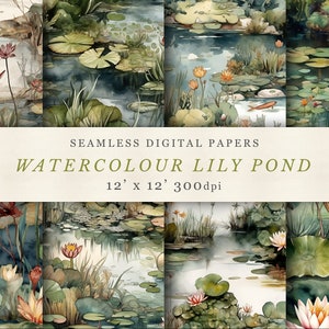 Papéis de design digital Lily Pond, padrão sem emenda, álbum de recortes imprimível, padrão de repetição, uso comercial, tecido imprimível