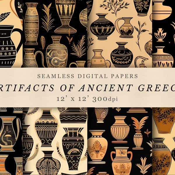 Artifacts Of Ancient Greece Digital Design Papers, Seamless Pattern, Leaf Art, Printable Scrapbook, Repeating Pattern, Commercial use