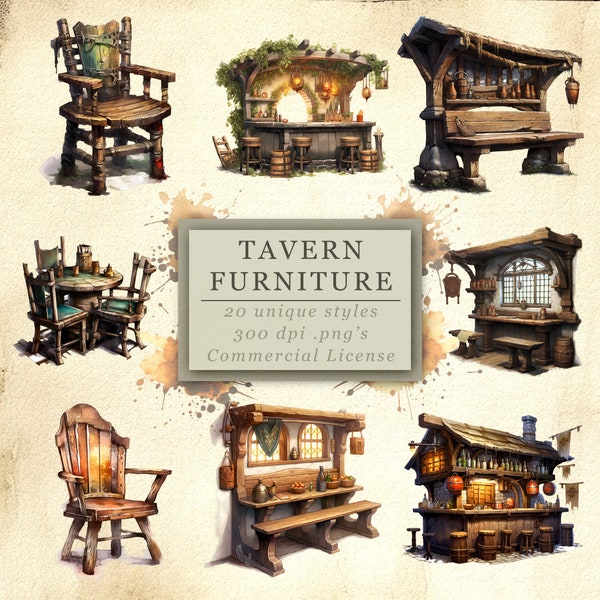 Fantastical Tavern Furniture Clip Art Collection for Fantasy Art and Design, Whimsical Enchanted Architecture, Digital Download