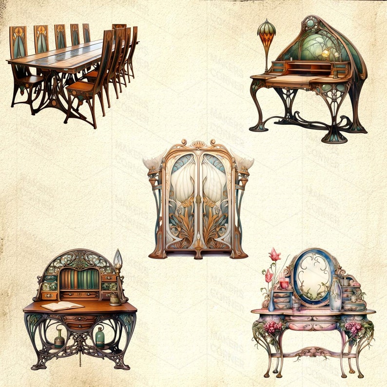 Art Nouveau Furniture Clip Art Collection Fantasy Rooms and Furniture Graphics Digital Download image 4