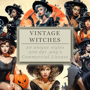 Vintage Hexen Clip Art Sammlung für Kunst und Design, Halloween Grafiken, Gruselige PNG PNG's, Digital Download, 300 DPI