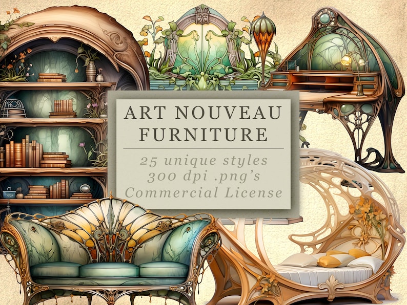 Art Nouveau Furniture Clip Art Collection Fantasy Rooms and Furniture Graphics Digital Download image 1