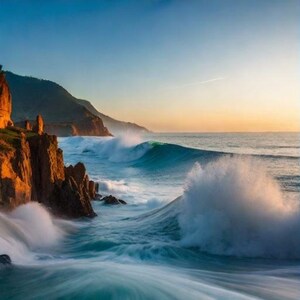 digital art waves hitting lad rocks
