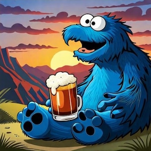 May include: A blue furry monster with a big smile holds a glass of dark beer with a white head. The monster is sitting on a brown surface with a sunset in the background.