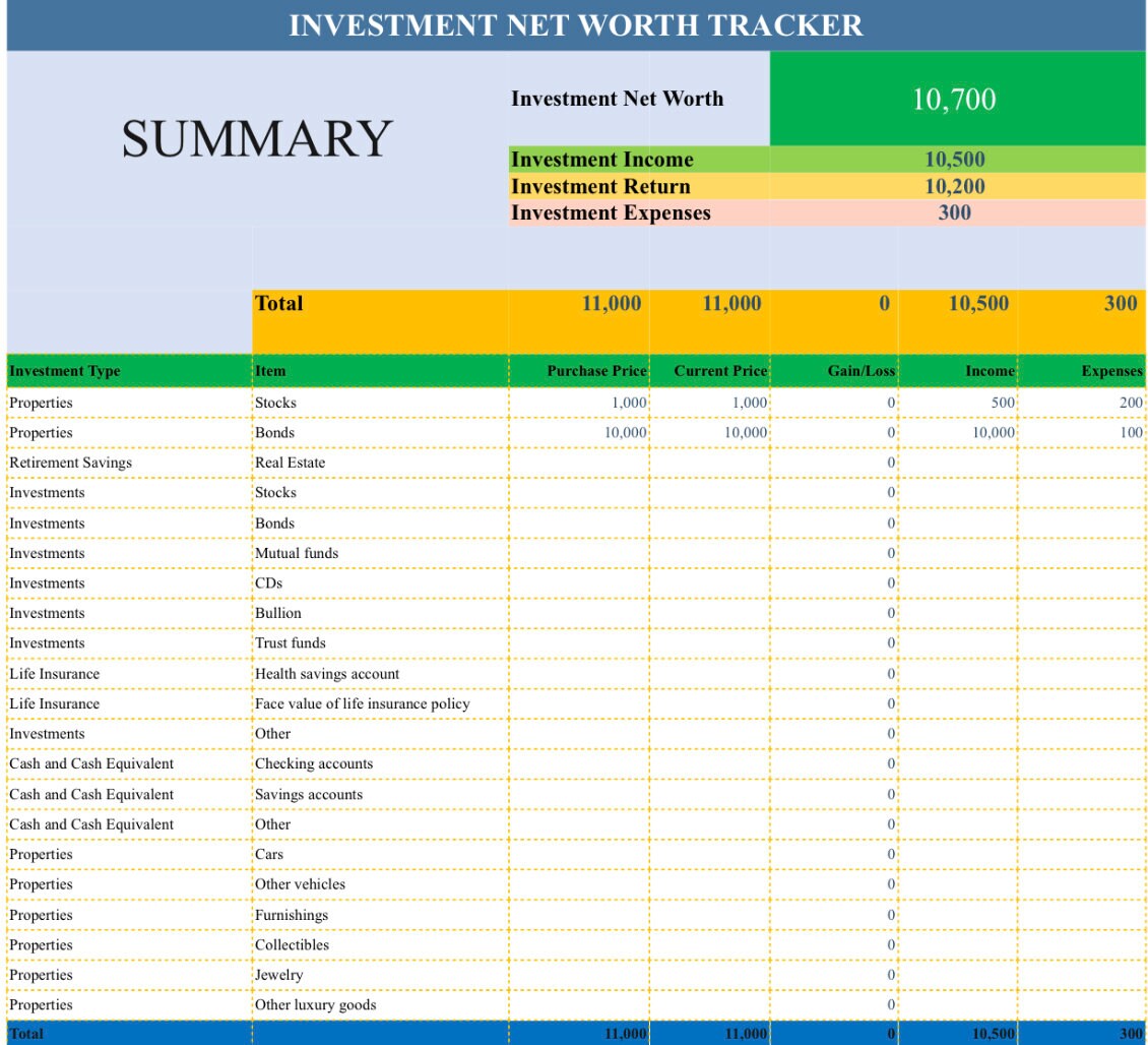 Investment Net Worth Tracker Etsy