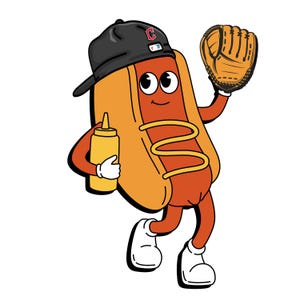 May include: A cartoon hot dog wearing a black baseball cap with a red "C" on it, holding a yellow mustard bottle in one hand and a brown baseball glove in the other. The hot dog is smiling and has white shoes.