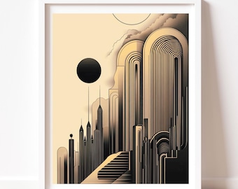 Maximalist Art Print Cityscape Gold Black Architecture Geometric Design Urban Skyline Vintage Illustration Modern Wall Artwork Living Room