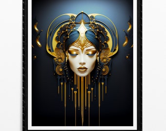 Stylowy, glamour, nowoczesny nadruk w stylu art déco, lśniąca bogini, królewski, głęboki niebieski akcent, idealny na prezent dla miłośnika art déco