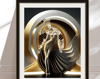Unique Retro Print Art Deco Style Gold Silver Accent Design Modern Wall Decor Home Livingroom Bedroom Wall Art Housewarming Gift
