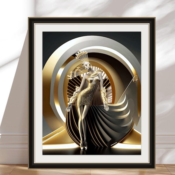 Impression rétro unique, style art déco, or, accent argenté, décoration murale moderne, décoration de la maison, salon, chambre à coucher, art mural, cadeau de pendaison de crémaillère