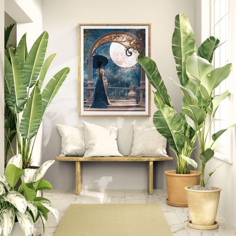 Elegant Statement Wall Art Romantic Couple Illustration Blue Gold Art Nouveau Print Vintage Inspired Bedroom Hanging Maximalist Interior Accent Ornate Classical Design Historical Scene Perfect Home Styling Beautiful Gallery Collection