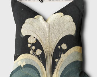 Art Nouveau Woven Pillow Botanical Lily Throw Pillow Black Ivory Floral Cushion Blue Grey Vintage Style Living Room Bedroom Home Decor