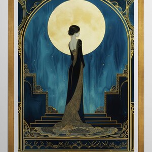 Vintage Art Print Blue Gold Accent Art Deco Illustration Woman Portrait Elegant Figure Black Gown Design Golden Moon Background Luxury Living Room Wall Hanging Large Format Statement Piece Premium Fine Art Paper Sophisticated Bedroom