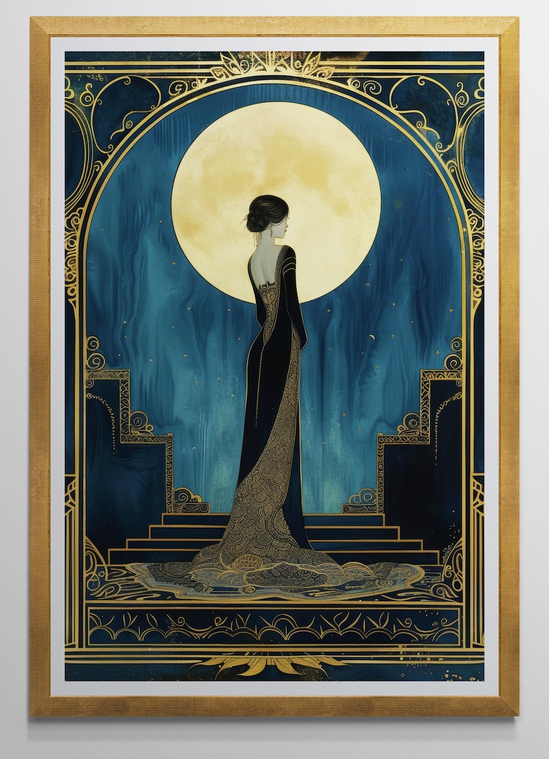 Vintage Art Print Blue Gold Accent Art Deco Illustration Woman Portrait Elegant Figure Black Gown Design Golden Moon Background Luxury Living Room Wall Hanging Large Format Statement Piece Premium Fine Art Paper Sophisticated Bedroom